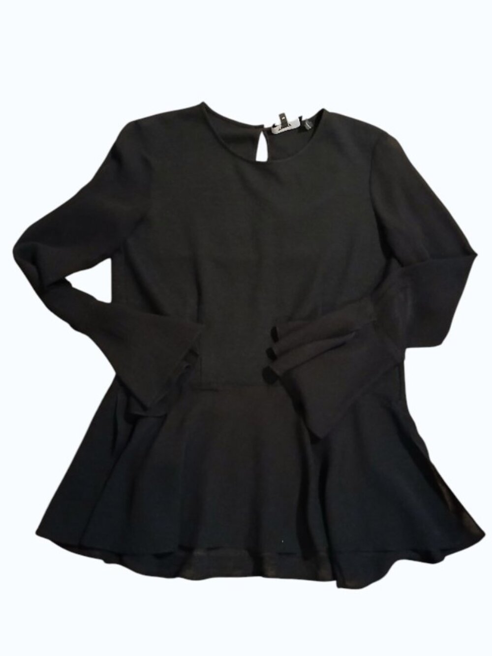 THEORY Black Long Sleeve Wool Peplum Sheer Sleeve/Hem Blouse - EUC - Picture 3 of 11